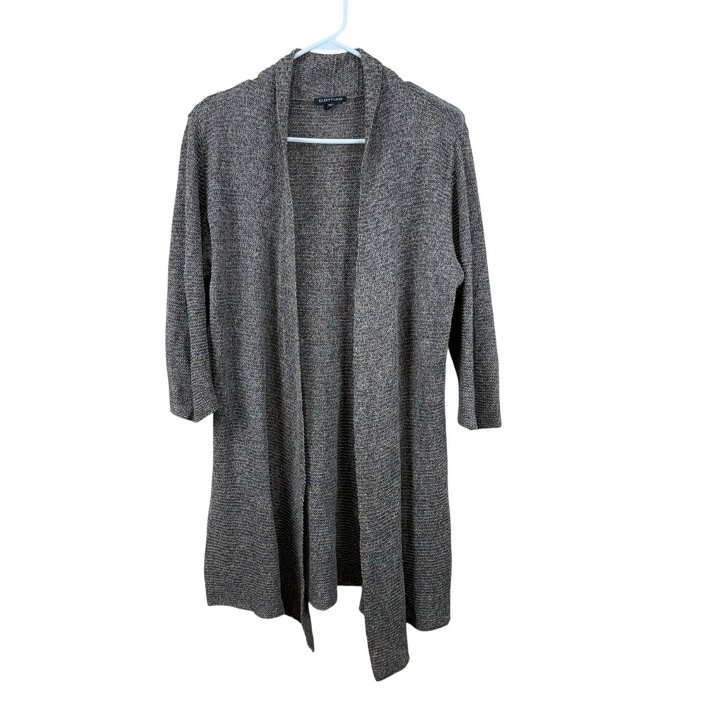 Eileen Fisher Womens Large Organic Linen Open Front Brown Cardigan Sweater